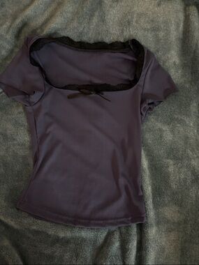 SHEIN Purple Short Sleeve Square Neck Lace Trim Top